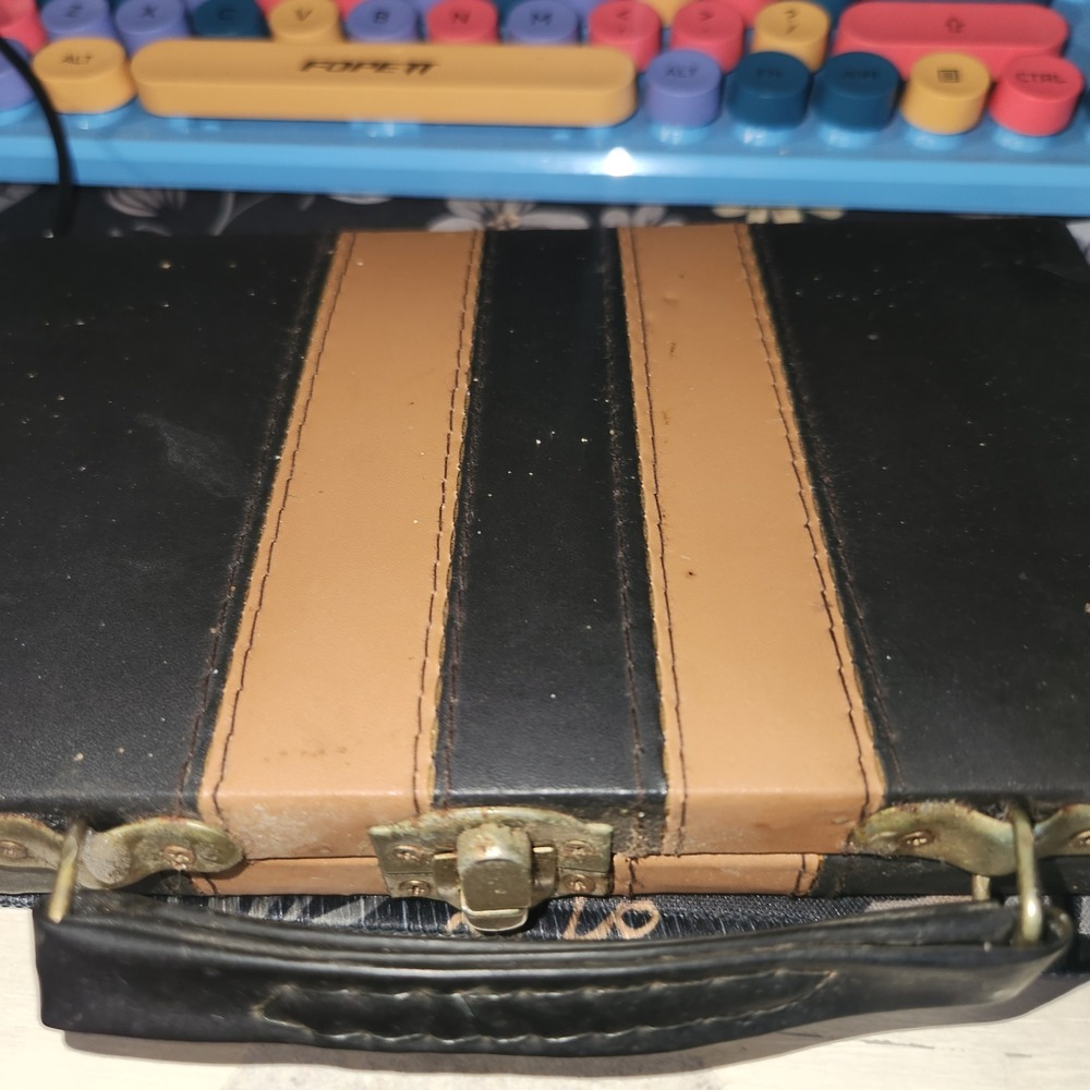 Vintage Dominoes Set in Black Tan Faux Leather Carrying Case Racing Stripe